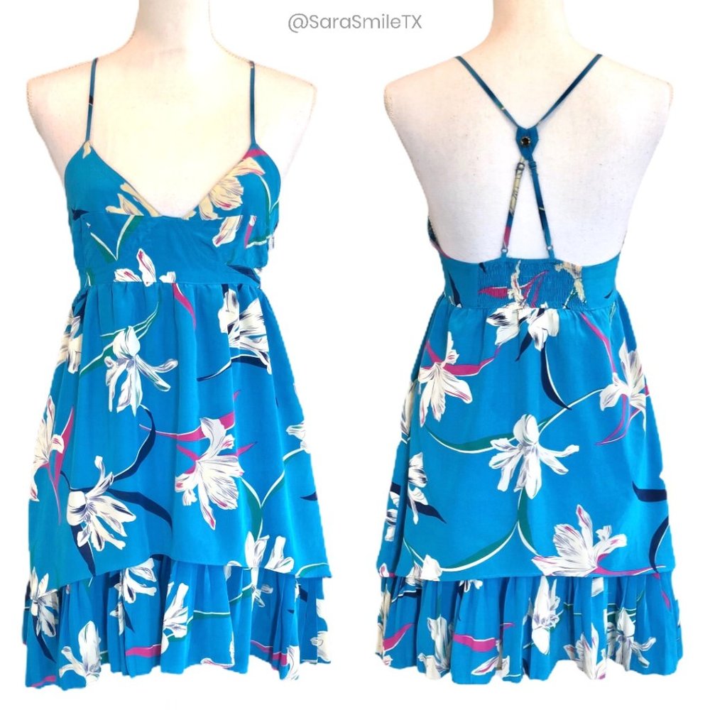 YUMI KIM Designer Silk Blue Floral Open Back  Pleated Mini Summer Dress